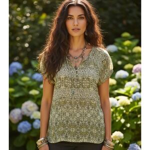 Liz Claiborne Cream Green Brown Tie Neck Top Cottage Boho Fairy Grunge Earthy LP